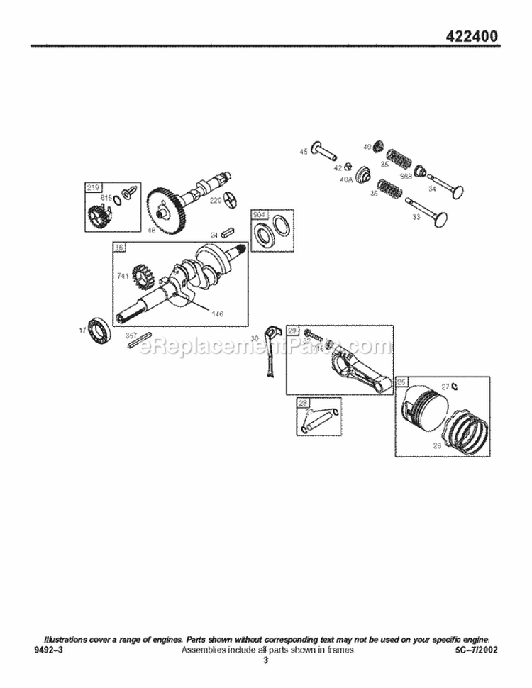 Cam Crankshaft Piston Valves Diagram and Parts List for 422445-1290-01  Briggs and Stratton Engine